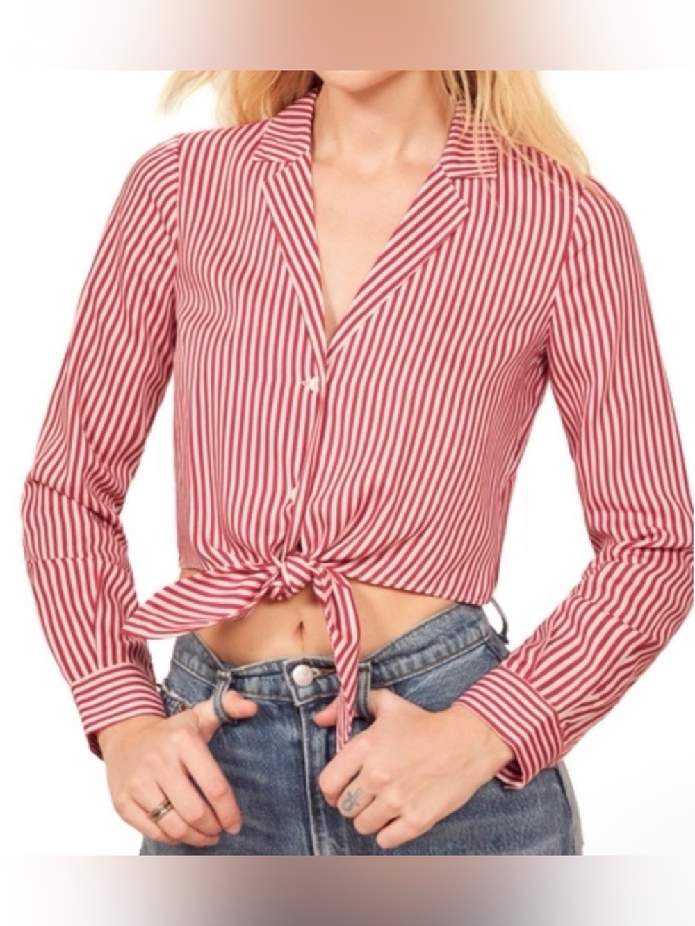 Reformation Alexis Tie Hem Button Strip Shirt Red White Large long sleeve button